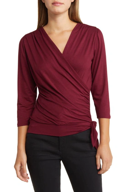 Loveappella Faux Tie Wrap Top In Burgundy