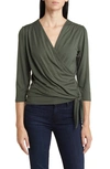 Loveappella Faux Tie Wrap Top In Hunter