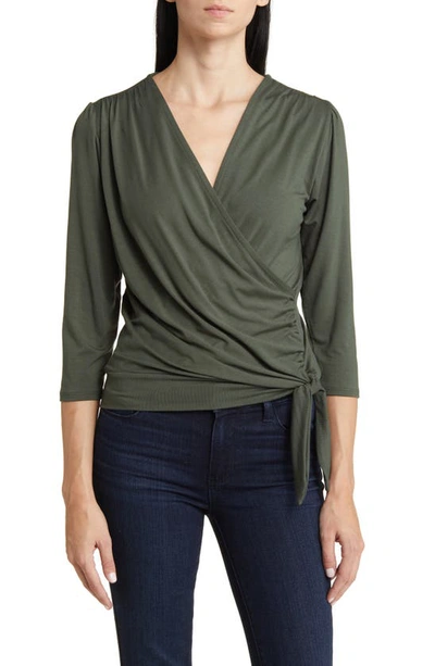 Loveappella Faux Tie Wrap Top In Hunter