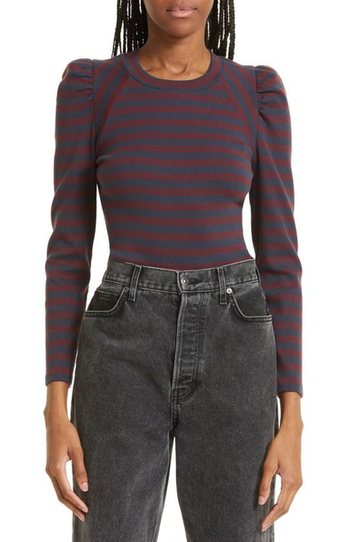 Veronica Beard Delano Stripe Puff Sleeve Cotton Top In Navy Syrah