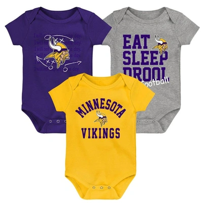 Outerstuff Babies' Newborn & Infant Purple/gold/heather Gray Minnesota Vikings Three-pack Eat, Sleep & Drool Retro Body