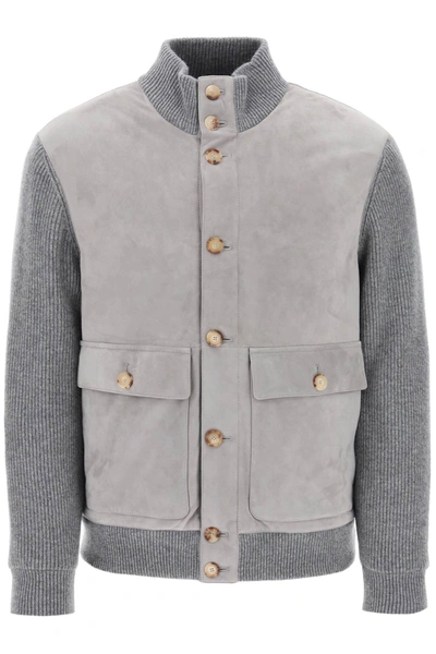 Brunello Cucinelli Hybrid Jacket In Leather And Cashmere In Gray
