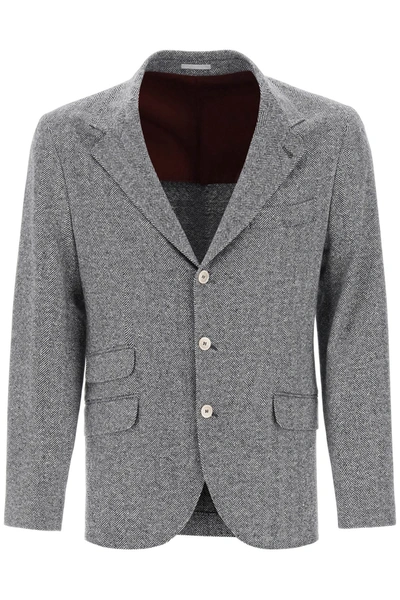Brunello Cucinelli Herringbone Wool And Cashmere Blazer In Gray