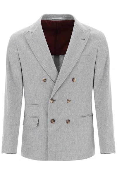 Brunello Cucinelli Herringbone Wool And Cashmere Blazer In Gray