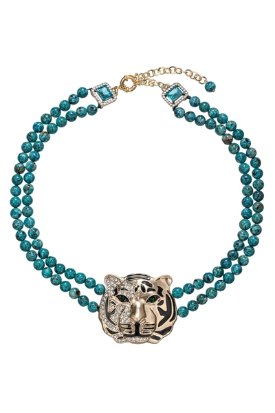Eye Candy La Tiger Agate Natural Stone Beaded Necklace In Blue