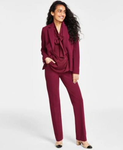 Anne Klein Womens Collection Compression One Button Jacket Long Sleeve Tie Neck Blouse The Jillian Fly Front Bo In Chianti