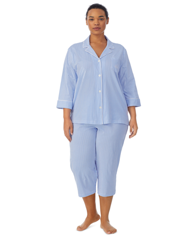 Lauren Ralph Lauren Plus Size Button-front Top And Pants Pajama Set In French Blue,white Stripe