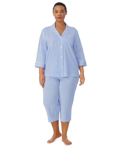 Ralph Lauren Plus Size Button-front Top And Pants Pajama Set In French Blue,white Stripe