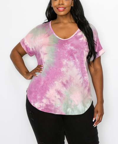 Coin 1804 Plus Size Hand Tie Dye V-neck Rolled Sleeve Top In Magenta,sage