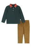 Andy & Evan Kids' Long Sleeve Polo Shirt & Pants In Hunter Green