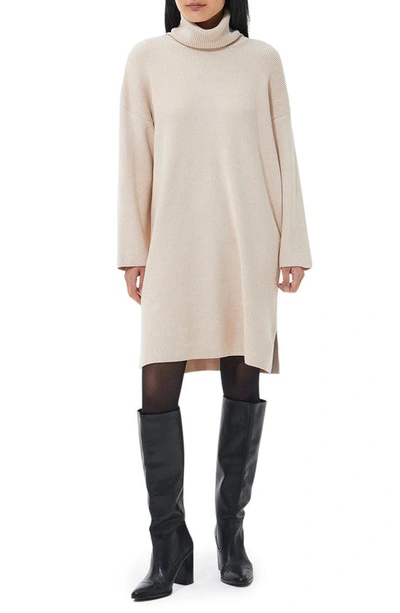 Barbour Stitch Long Sleeve Cotton Blend Rib Turtleneck Sweater Dress In Oatmeal