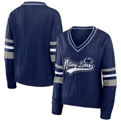 Wear By Erin Andrews Navy Penn State Nittany Lions Script Sleeve Stripe V-neck Pullover Sweater