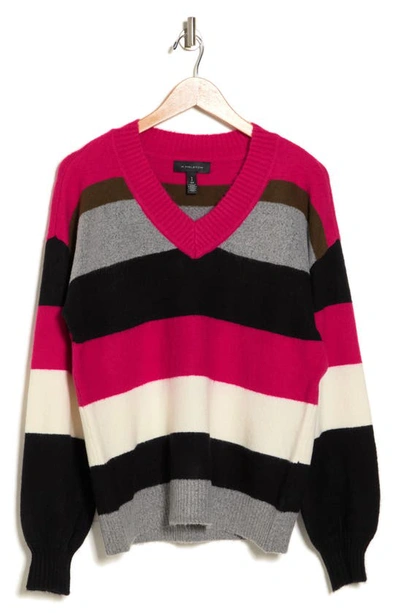 H Halston Stripe V-neck Sweater In Shocking Combo