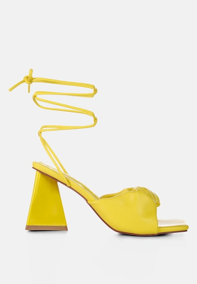 London Rag Primavera Ruched Strap Triangular Heel Lace Up Sandal In Yellow