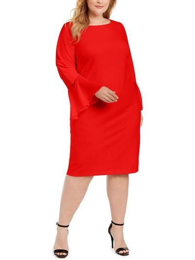 Calvin Klein Plus Womens Bell Sleeve Knee Wear To Work Dress In Red