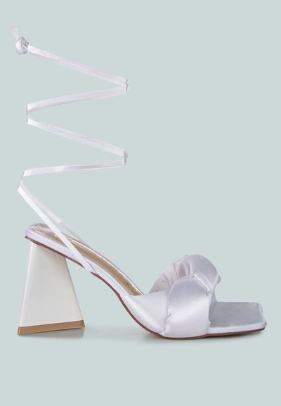 London Rag Pristine Knotted Satin Strap Triangular Block Heel Sandals In White