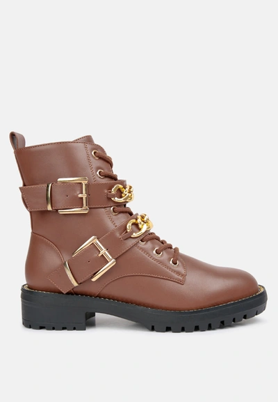 London Rag Billy Metal Chain Embellished Biker Boots In Multi
