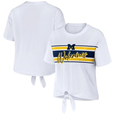 Wear By Erin Andrews White Michigan Wolverines Striped Front Knot Cropped T-shirt