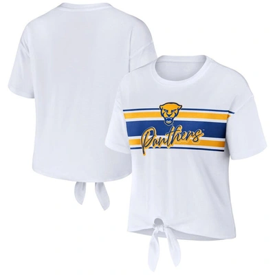 Wear By Erin Andrews White Pitt Panthers Striped Front Knot Cropped T-shirt