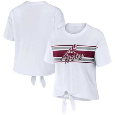 Wear By Erin Andrews Women's  White Texas A&m Aggies Striped Front Knot Cropped T-shirt