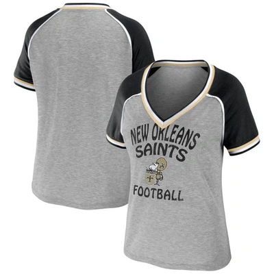 Wear By Erin Andrews Heather Gray New Orleans Saints Cropped Raglan Throwback V-neck T-shirt