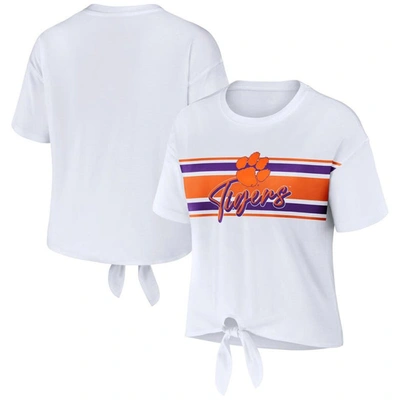 Wear By Erin Andrews White Clemson Tigers Striped Front Knot Cropped T-shirt