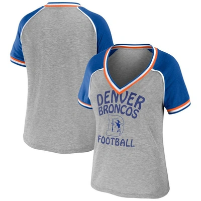 Wear By Erin Andrews Heather Gray Denver Broncos Cropped Raglan Throwback V-neck T-shirt