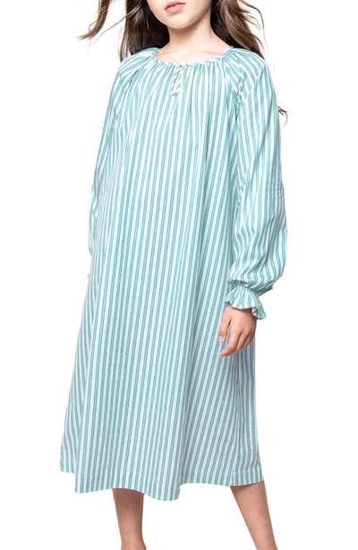 Petite Plume Kids' Delphine Emerald Ticking Stripe Cotton Blend Twill Nightgown In Green