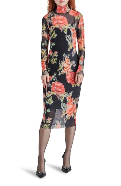 Steve Madden Vivienne Floral Long Sleeve Turtleneck Mesh Midi Dress In Multi
