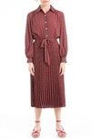 Max Studio Long Sleeve Pleated Shirtdress In Red Multi
