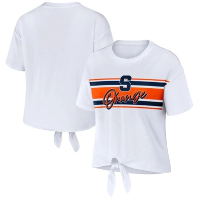 Wear By Erin Andrews White Syracuse Orange Striped Front Knot Cropped T-shirt