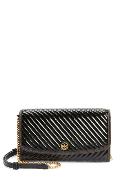 Tory Burch Robinson Quilted Patent Leather Wallet On A Chain In Black