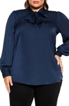 City Chic In Awe Tie Neck Top In Navy