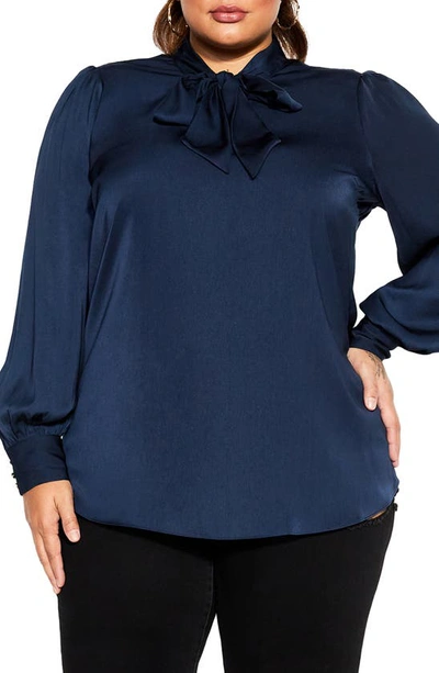 City Chic In Awe Tie Neck Top In Navy