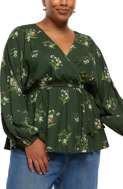 River Island Floral Print Wrap Top In Green