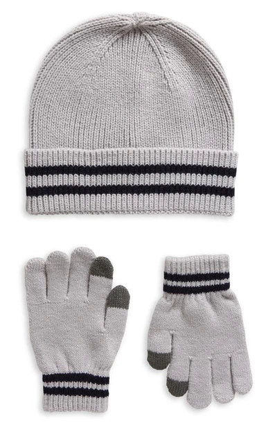 Nordstrom Kids' Stripe Knit Beanie & Gloves Set (little Kid & Big Kid)) In Grey Micro Striped Set