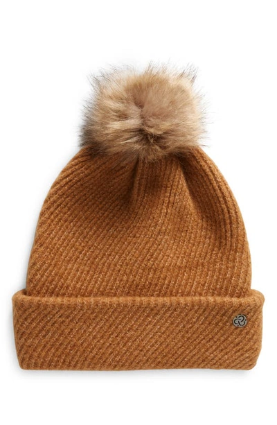 Zella Cozy Heather Beanie With Faux Fur Pompom In Brown Fawn