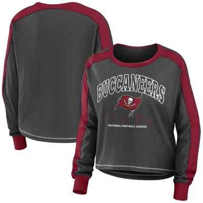 Wear By Erin Andrews Pewter/red Tampa Bay Buccaneers Color Block Modest Crop Long Sleeve T-shirt