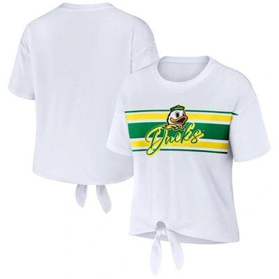 Wear By Erin Andrews White Oregon Ducks Striped Front Knot Cropped T-shirt