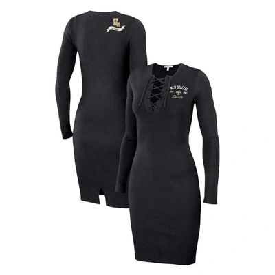 Wear By Erin Andrews Black New Orleans Saints Lace Up Long Sleeve Dress