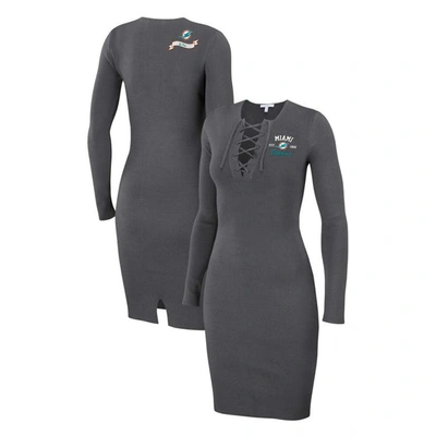 Wear By Erin Andrews Charcoal Miami Dolphins Lace Up Long Sleeve Dress
