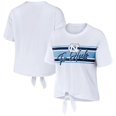 Wear By Erin Andrews White North Carolina Tar Heels Striped Front Knot Cropped T-shirt