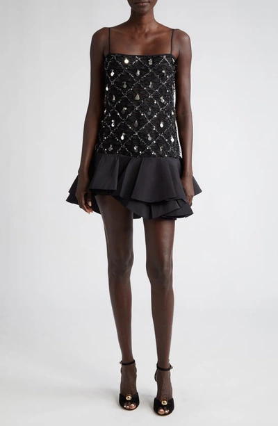 Johanna Ortiz Folky Affair Embellished Embroidered Tulle And Ruffled Silk-faille Mini Dress In Black