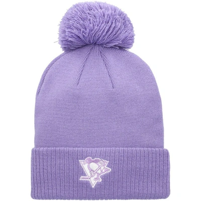 Adidas Originals Adidas Purple Pittsburgh Penguins 2021 Hockey Fights Cancer Cuffed Knit Hat With Pom