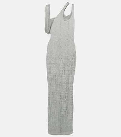 Attico Sheer Jersey Midi Dress W/ Crystals In Grey