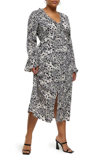 River Island Print Ruffle Long Sleeve Midi Dress In Black/white