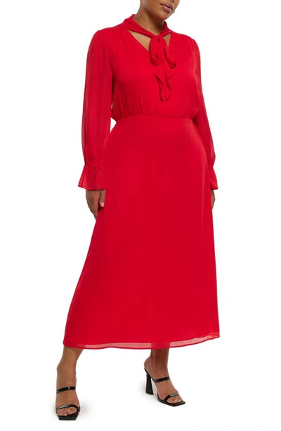 River Island Pussybow Long Sleeve Chiffon Midi Dress In Red
