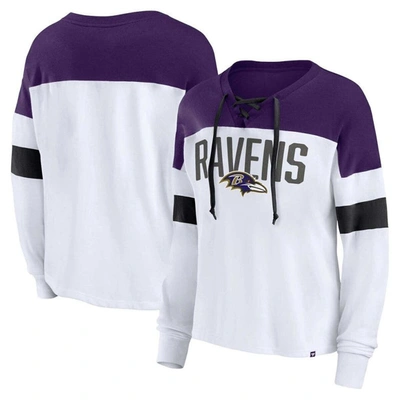 Fanatics Women's  White, Purple Baltimore Ravens Plus Size Even Match Lace-up Long Sleeve V-neck Top In White,purple