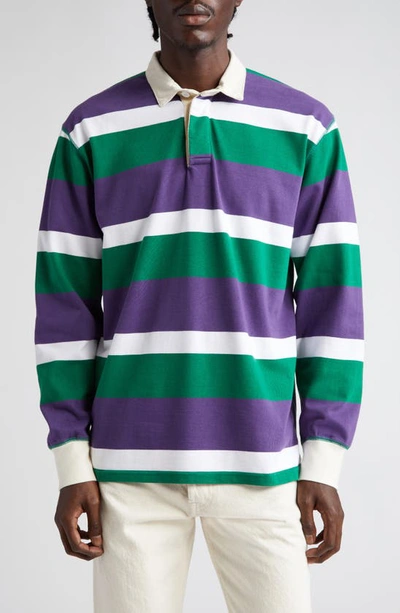Drake's Stripe Long Sleeve Rugby Polo In Purple/ Green/ White