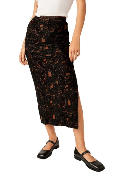 Free People Rosalie Paisley Velvet Burnout Midi Skirt In Black